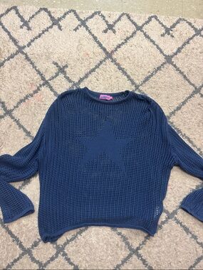 Edikted Navy Open-Knit Crew Sweater with Star Motif